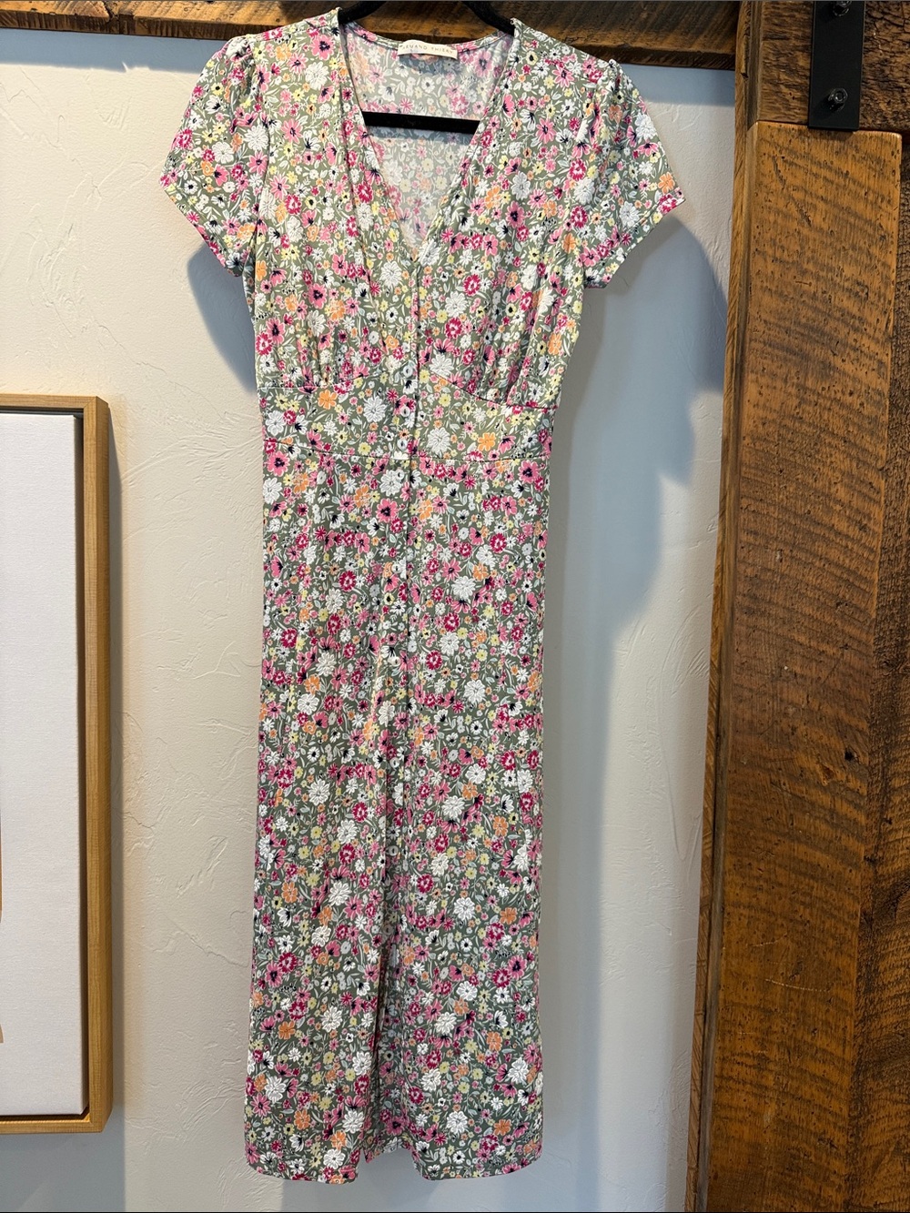 Floral Midi Dress in Pink and Green - V-Neck/tie waist…international boutique
